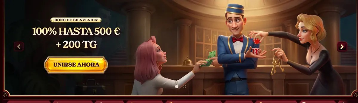 Casino welcome bonus banner with 100% up to €500 and 200 free spins promotion