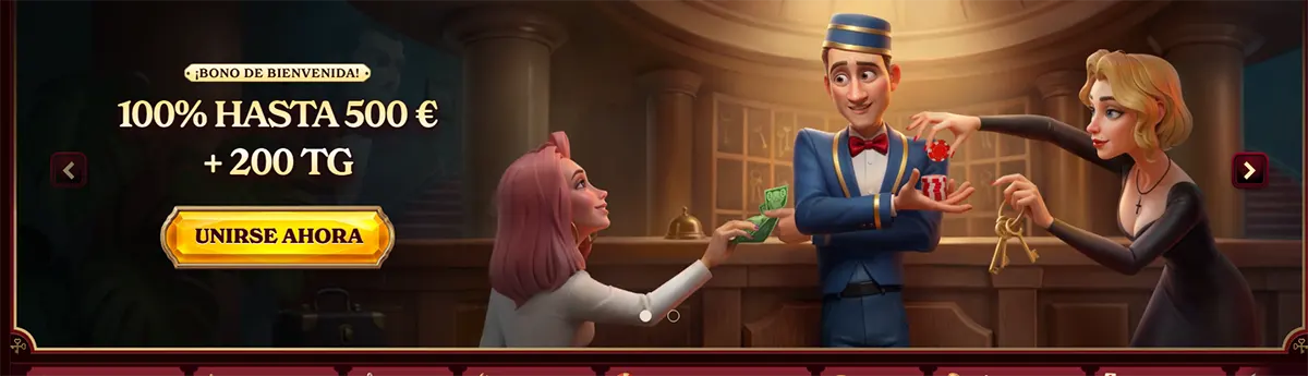 Casino welcome bonus banner with 100% up to €500 and 200 free spins promotion