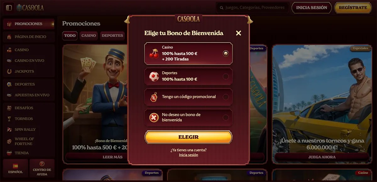 Casino welcome bonus selection popup with casino and sports bonus options