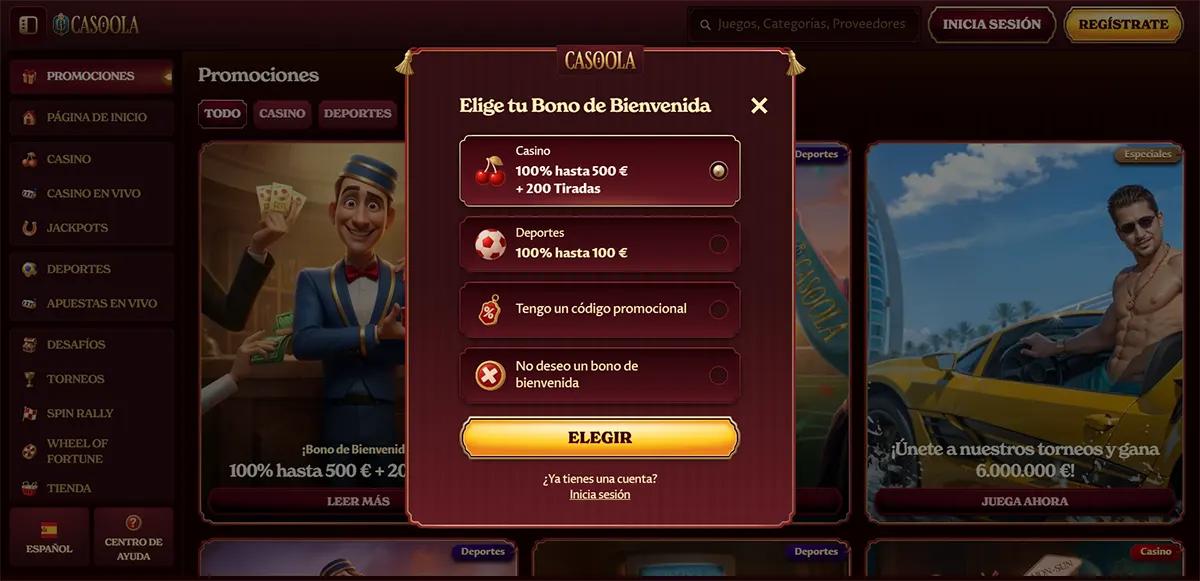 Casino welcome bonus selection popup with casino and sports bonus options